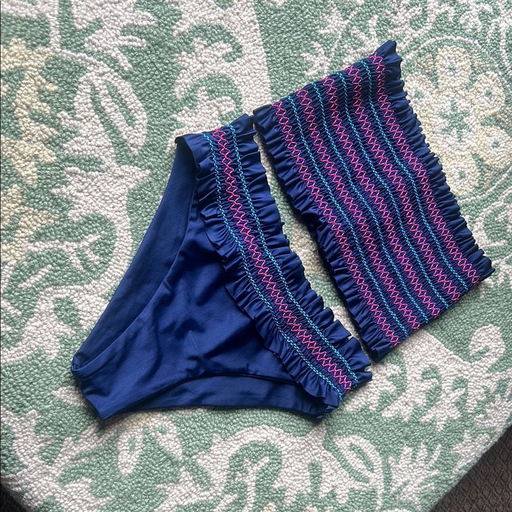 Mosmann Australia Navy Smocked Strapless Bikini Set Size Small